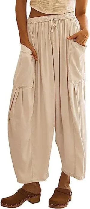 ZOCANIA Womens Pleated High Elastic Waist Linen Pants Drawstring Solid Wide Leg Baggy Pants Comfy Jogger Pants with Pockets