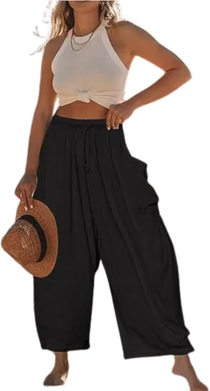 ZOCANIA Womens Pleated High Elastic Waist Linen Pants Drawstring Solid Wide Leg Baggy Pants Comfy Jogger Pants with Pockets