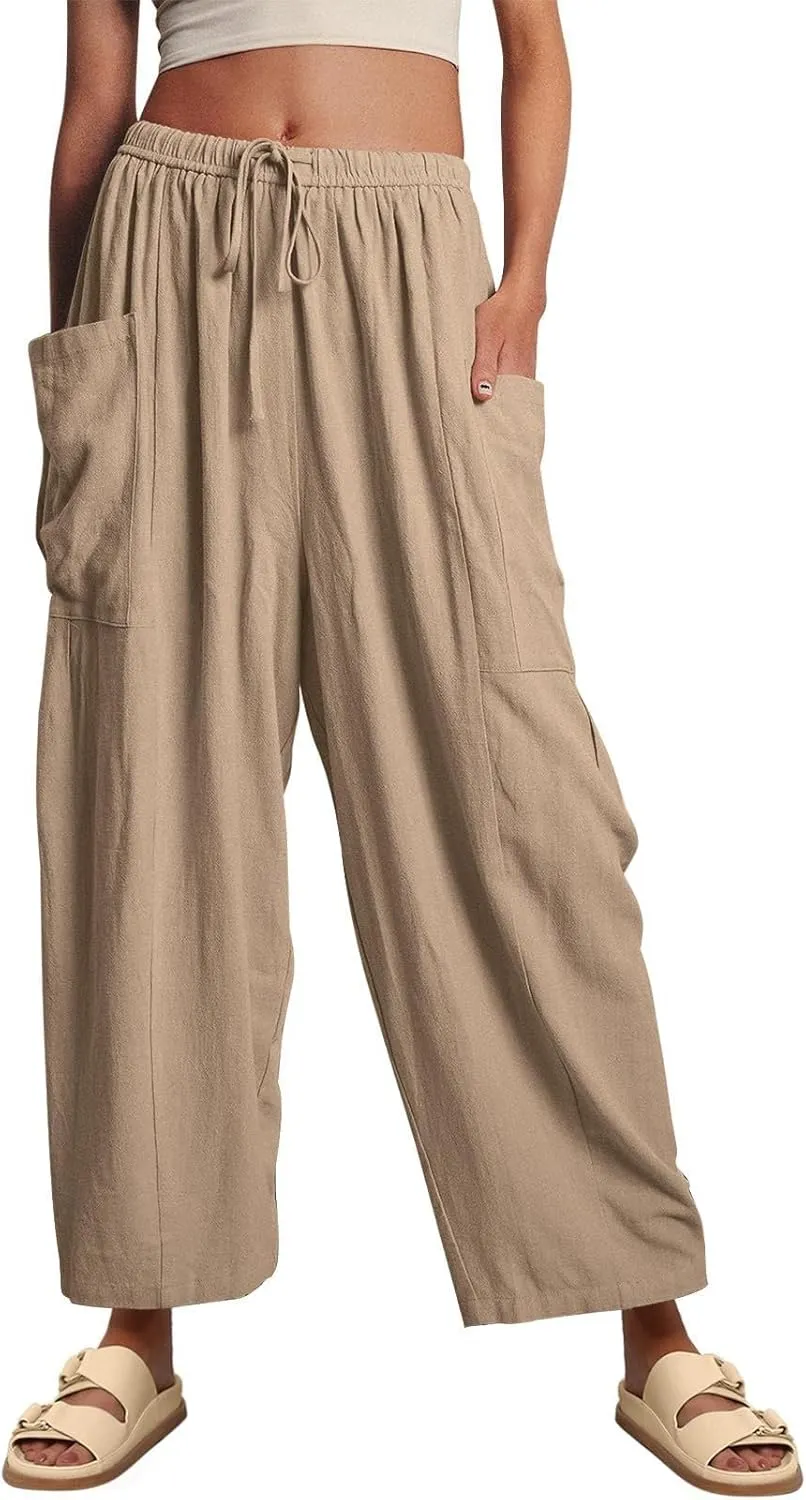 ZOCANIA Womens Pleated High Elastic Waist Linen Pants Drawstring Solid Wide Leg Baggy Pants Comfy Jogger Pants with Pockets
