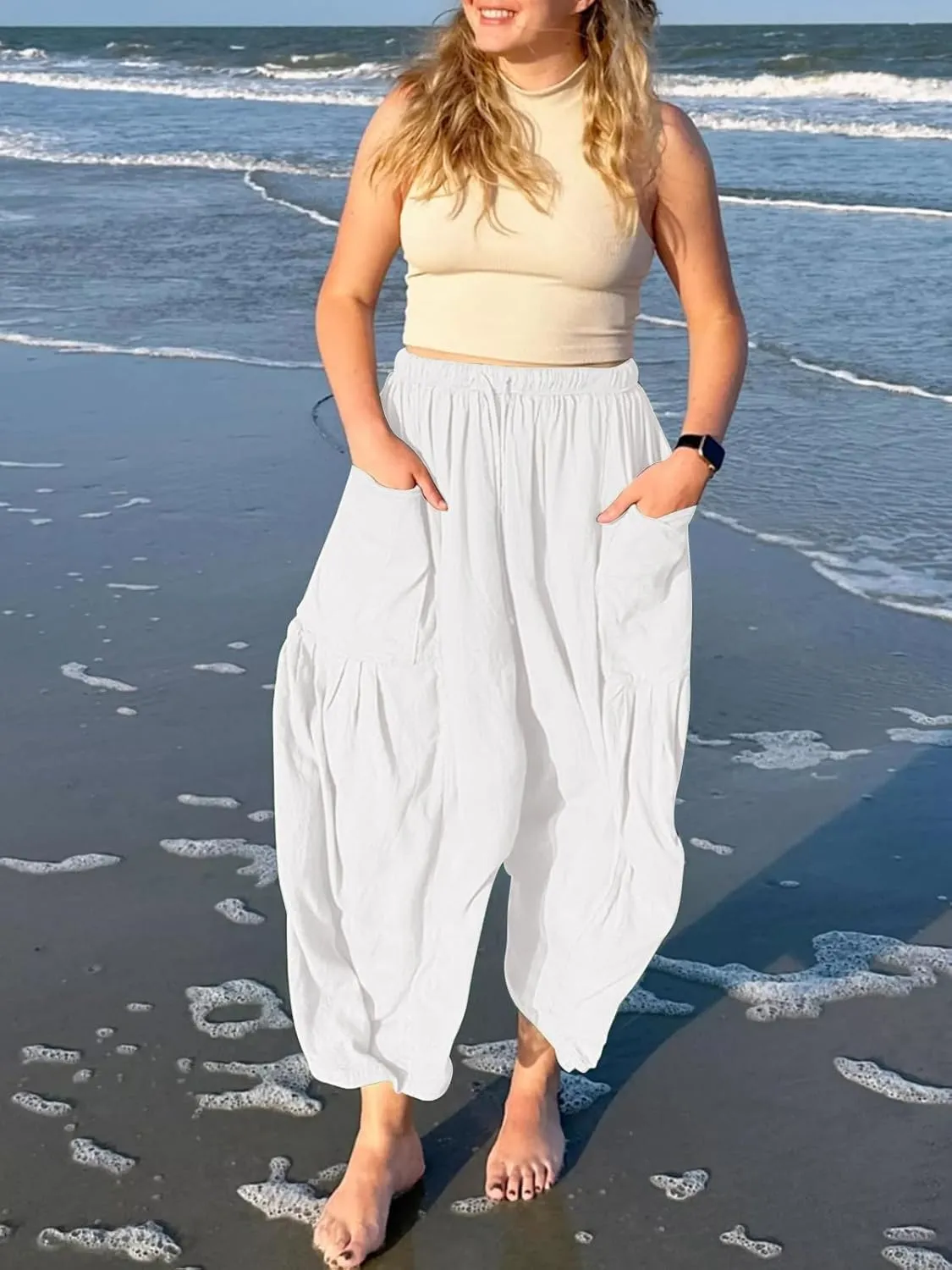 ZOCANIA Womens Pleated High Elastic Waist Linen Pants Drawstring Solid Wide Leg Baggy Pants Comfy Jogger Pants with Pockets