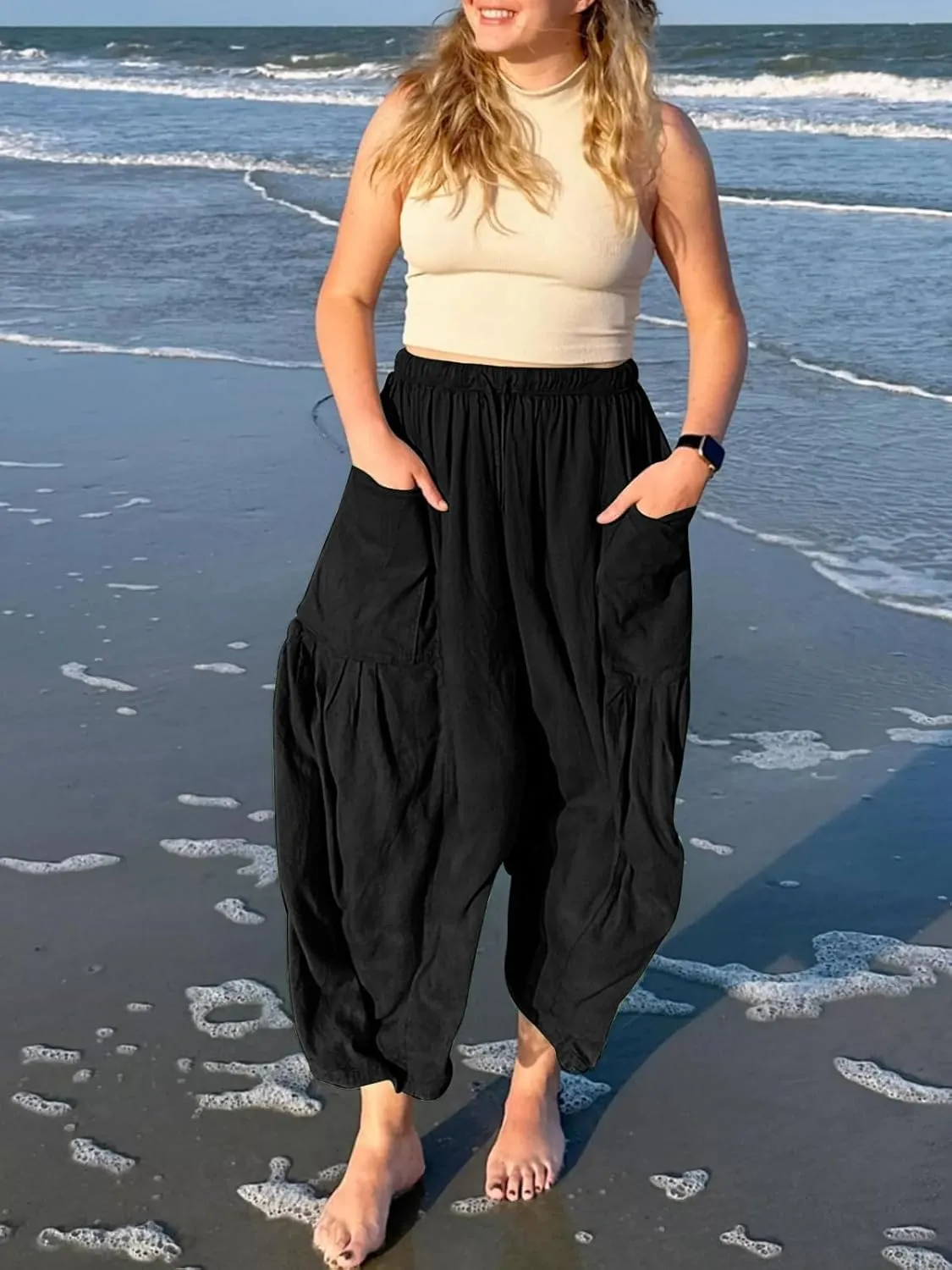 ZOCANIA Womens Pleated High Elastic Waist Linen Pants Drawstring Solid Wide Leg Baggy Pants Comfy Jogger Pants with Pockets