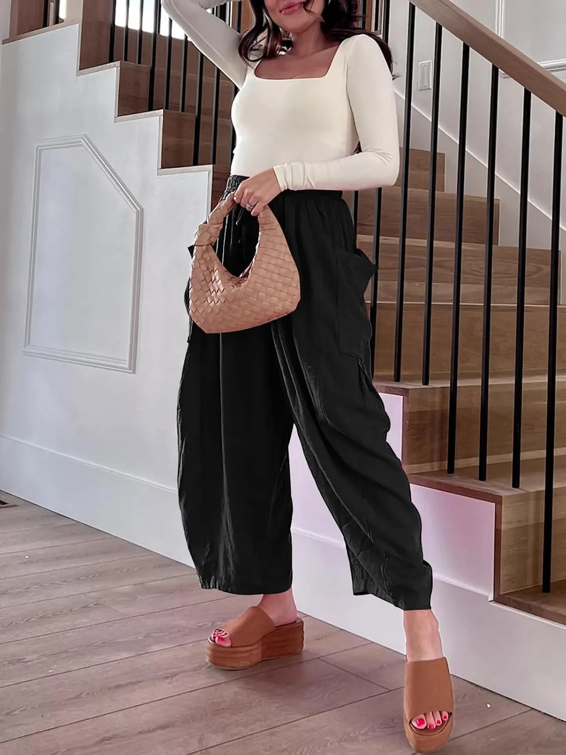 ZOCANIA Womens Pleated High Elastic Waist Linen Pants Drawstring Solid Wide Leg Baggy Pants Comfy Jogger Pants with Pockets