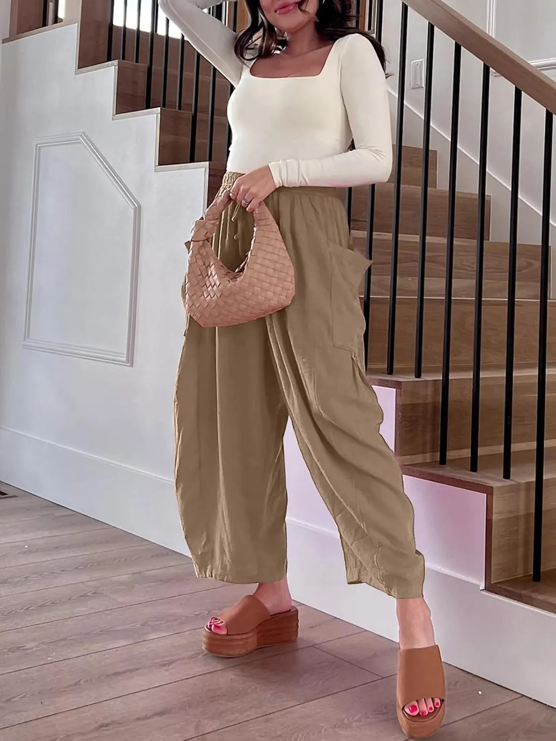 ZOCANIA Womens Pleated High Elastic Waist Linen Pants Drawstring Solid Wide Leg Baggy Pants Comfy Jogger Pants with Pockets