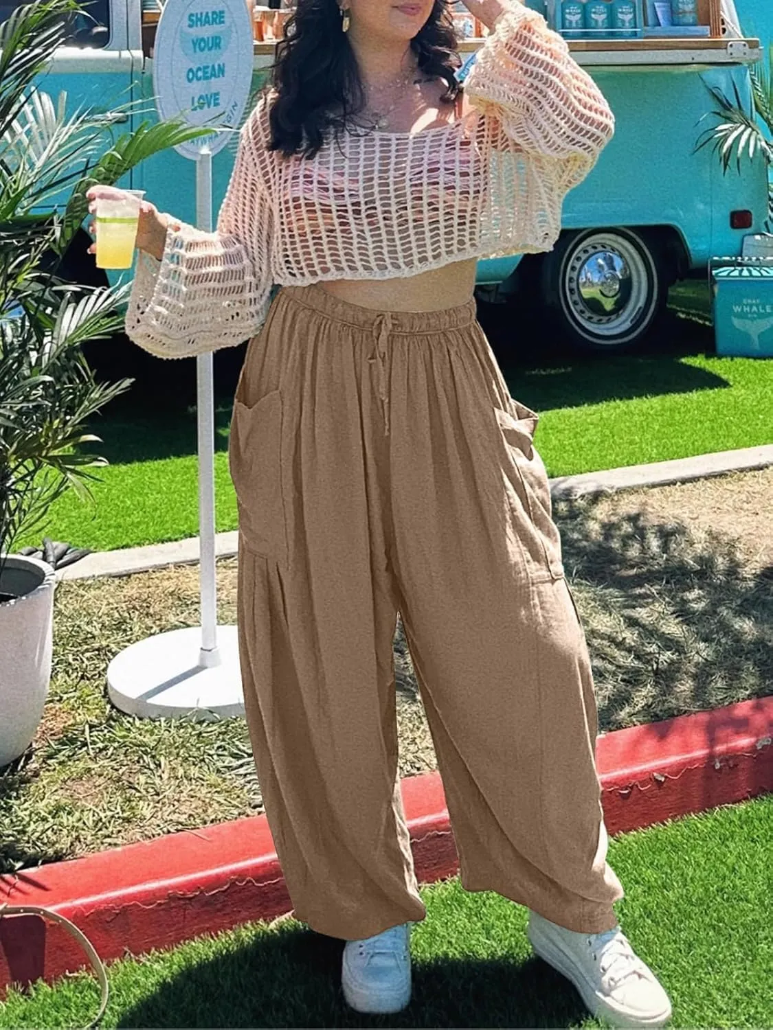 ZOCANIA Womens Pleated High Elastic Waist Linen Pants Drawstring Solid Wide Leg Baggy Pants Comfy Jogger Pants with Pockets