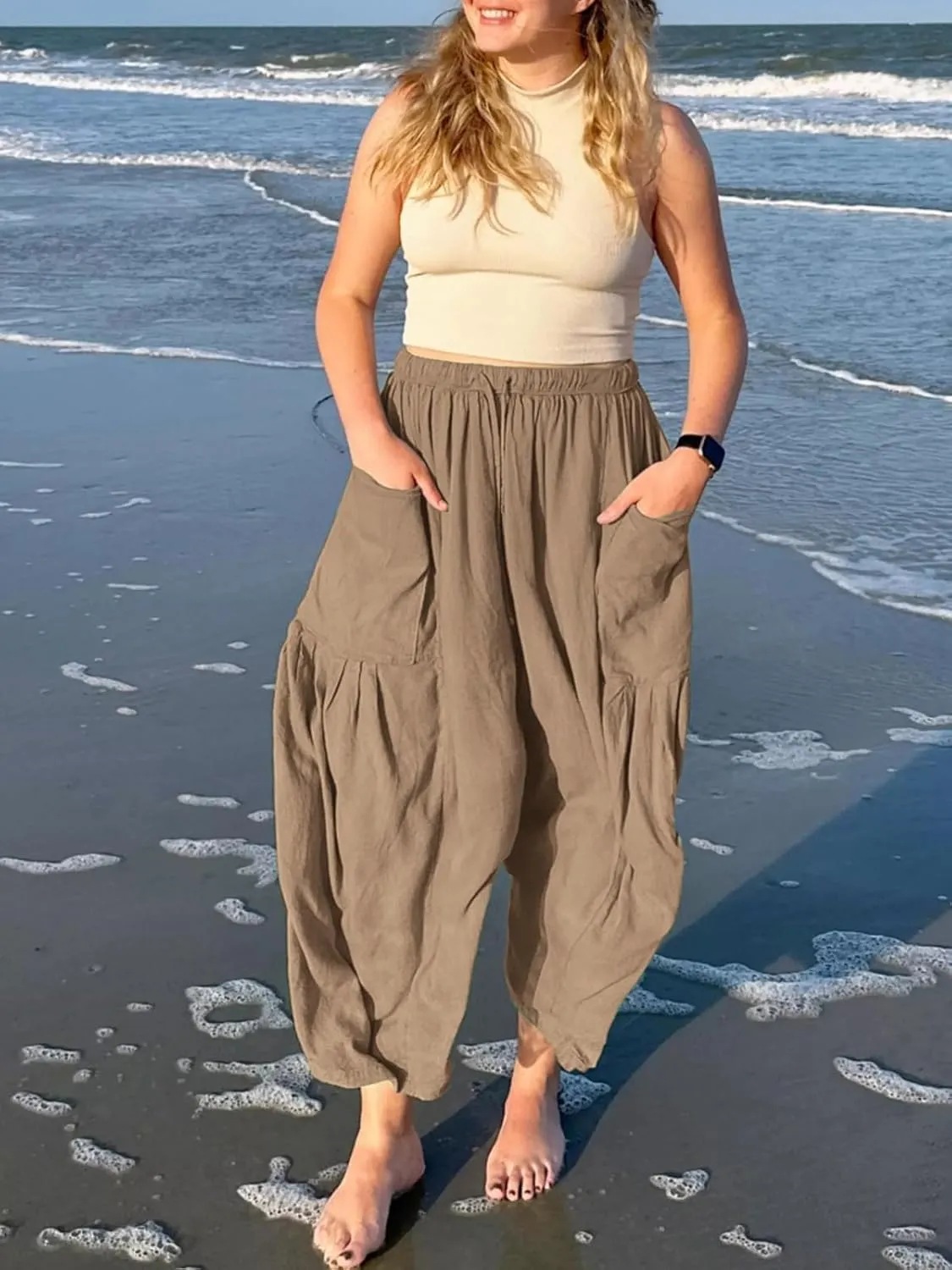ZOCANIA Womens Pleated High Elastic Waist Linen Pants Drawstring Solid Wide Leg Baggy Pants Comfy Jogger Pants with Pockets